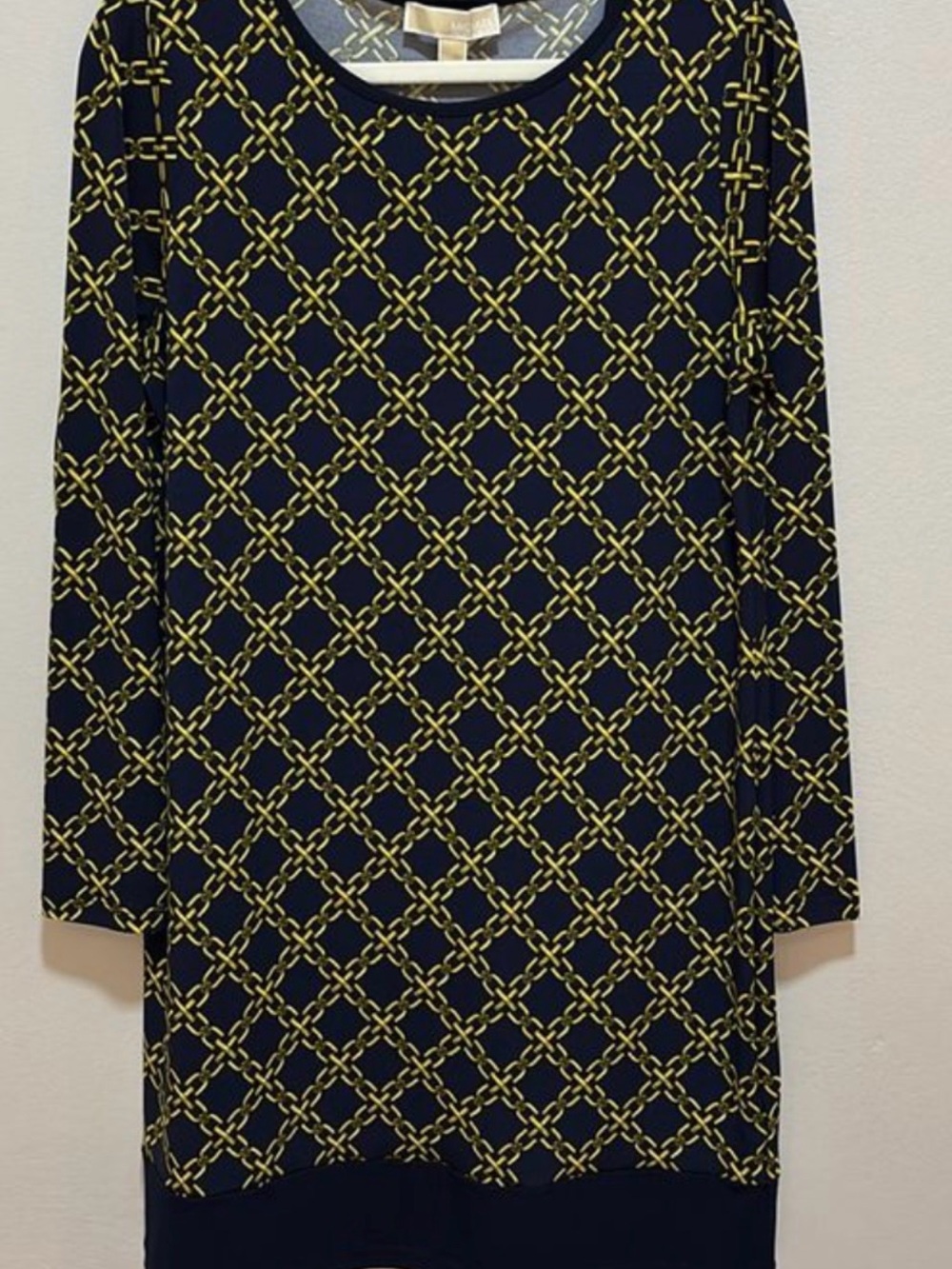 Michael Kora Navy Chain-Link Pattern Long Sleeve Dress